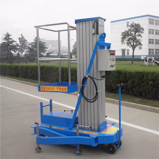 Plataforma elevadora de aluminio móvil pequeña, telescópica vertical, eléctrica, hidráulica, de un solo mástil, de empuje, plataforma de trabajo aéreo para un solo hombre